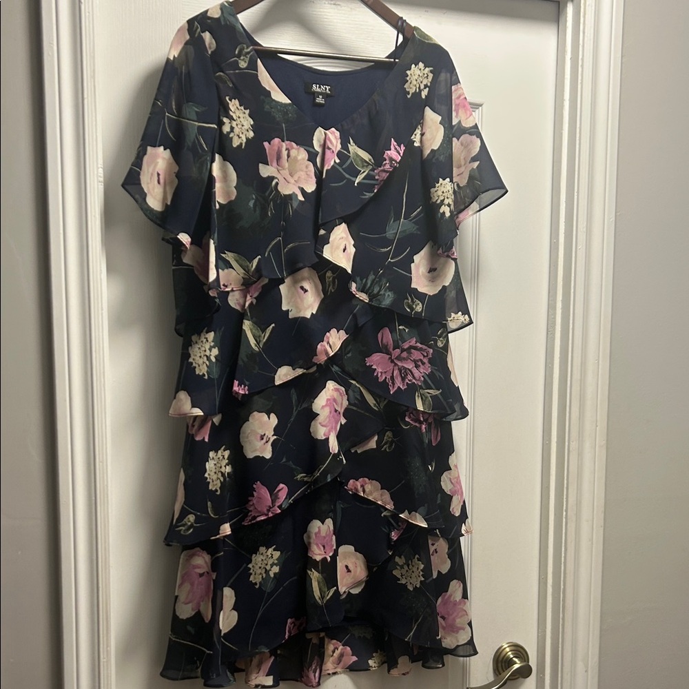 SLNY Navy Dress with Pink and Cream Floral Pattern